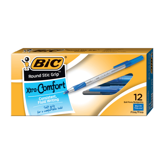 BIC CORP GSFG11-BLU BIC Round Stic Grip Xtra-Comfort Ballpoint Pens, Fine Point, 0.8 mm, Gray Barrel, Blue Ink, Pack Of 12 BIC CORP GSFG11-BLU BIC Round Stic Grip Xtra-Comfort Ballpoint Pens, Fine Point, 0.8 mm, Gray Barrel, Blue Ink, Pack Of 12