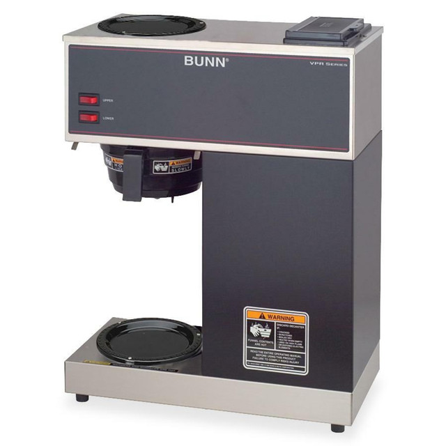 For morning cups of Joe and afternoon pick-me-ups, theres the Bunn 12-cup coffeemaker in black. This pourover commercial coffeemaker features 2 warming plates to keep multiple pots hot and ready.  12-cup capacity makes it easy to brew up a fresh pot for the office. Bunn coffeemaker brews up to 8 pots an hour to easily serve a large group.  Pourover brewing automatically prepares coffee when cold water is added.  2 warming plates let you keep multiple pots ready to drink.  SplashGuard pourover plastic funnel deflects hot liquids away from hands for safe use.  Portable design enables easy transport.  Stainless-steel internal components ensure durability.  Decanters not included