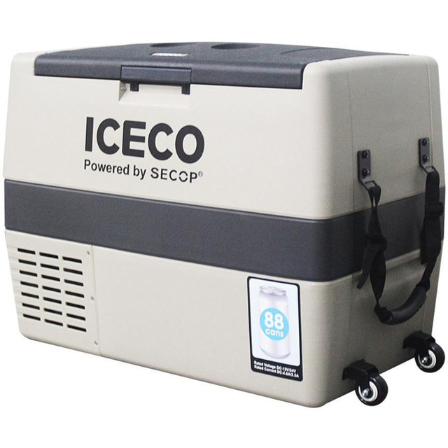 Make sure you can keep snacks and drinks cool on the road with the ICECO 2.11 Cu Ft Portable Refrigerator And Freezer. This dual-purpose unit features an LED light to help you see inside and can use AC or DC power for convenience.  Heavy-duty design with reinforced corners for strength.  LED interior light helps you see inside in the dark.  Freezer cools down to -0.4 deg.F.  Removable wired baskets to store items.  AC or DC power for low consumption.  3-stage (low, mid and high) battery protection system shuts the unit offer to protect your vehicles battery from dying.  Portable design features scroll wheels for easy rolling.  Backed by the manufacturers 1-year limited warranty.  2.11 cu ft of space.
