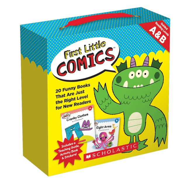 Provide your child with a fun and entertaining way to learn reading at a young age with these easy-to-read comic books. Simple words in speech balloons along with silly monsters, bears, robots and other zany characters will have your little learner coming back for more.  Kids will laugh out loud while learning to read with these fun comic books.  Teaches reading through very easy text in speech balloons and a zany cast of characters. Monsters, bears, robots, talking crayons, pirates, dinosaurs and other fascinating characters add to the fun.  Comes with 20 titles, a parent guide, mini workbook and motivating stickers.
