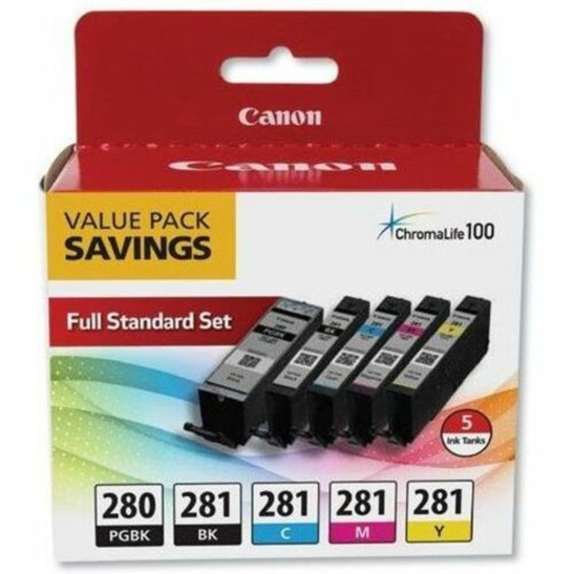 CANON USA, INC. 2075C006 Canon PGI-280/CLI-281 Pigment Black, Black, Cyan, Yellow, Magenta Original Ink Cartridges, Pack Of 5 Cartridges, 2075C006