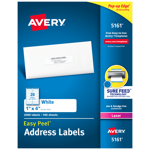AVERY PRODUCTS CORPORATION Avery 5161  Easy Peel Address Labels With Sure Feed Technology, 5161, Rectangle, 1in x 4in, White, Pack Of 2,000
