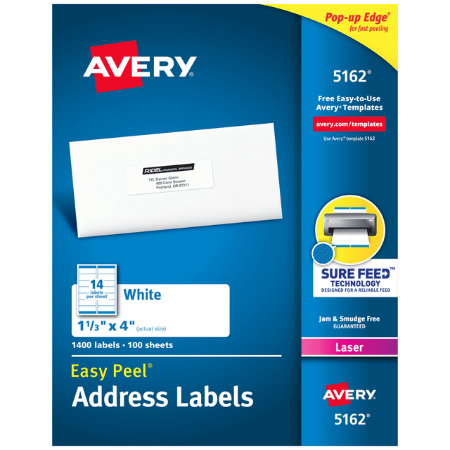 AVERY PRODUCTS CORPORATION 5162 Avery Easy Peel Address Labels With Sure Feed Technology, 5162, Rectangle, 1-1/3in x 4in, Matte White, Box Of 1,400 AVERY PRODUCTS CORPORATION 5162 Avery Easy Peel Address Labels With Sure Feed Technology, 5162, Rectangle, 1-1/3in x 4in, Matte White, Box Of 1,400