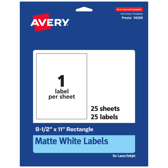 AVERY PRODUCTS CORPORATION 94269-WMP25 Avery Permanent Labels, 94269-WMP25, Rectangle, 8-1/2in x 11in, White, Pack Of 25 AVERY PRODUCTS CORPORATION 94269-WMP25 Avery Permanent Labels, 94269-WMP25, Rectangle, 8-1/2in x 11in, White, Pack Of 25