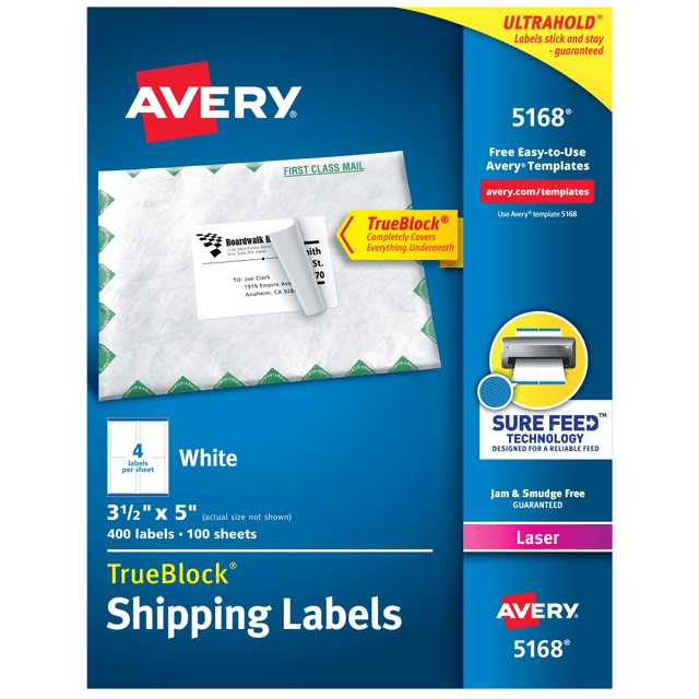 AVERY PRODUCTS CORPORATION 05168 Avery TrueBlock Shipping Labels With Sure Feed Technology, 5168, Rectangle, 3-1/2in x 5in, White, Pack Of 400 AVERY PRODUCTS CORPORATION 05168 Avery TrueBlock Shipping Labels With Sure Feed Technology, 5168, Rectangle, 3-1/2in x 5in, White, Pack Of 400