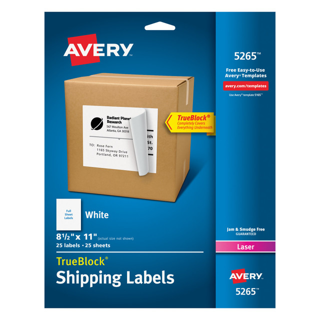 AVERY PRODUCTS CORPORATION 05265 Avery Shipping Labels With TrueBlock Technology, Permanent Adhesive, 5265, Rectangle, 8-1/2in x 11in, White, Box Of 25 AVERY PRODUCTS CORPORATION 05265 Avery Shipping Labels With TrueBlock Technology, Permanent Adhesive, 5265, Rectangle, 8-1/2in x 11in, White, Box Of 25