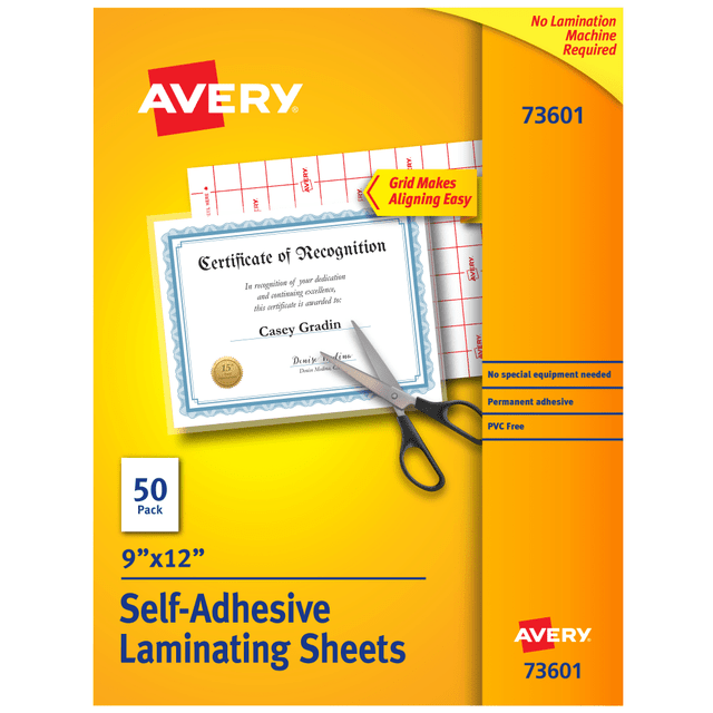 AVERY PRODUCTS CORPORATION 73601 Avery Permanent Self-Adhesive Laminating Sheets, 9in x 12in, Clear, Pack Of 50