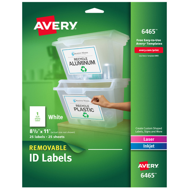 AVERY PRODUCTS CORPORATION 06465 Avery Self-Adhesive Removable ID Labels, 6465, Rectangle, 8.5in x 11in, White, Pack Of 25