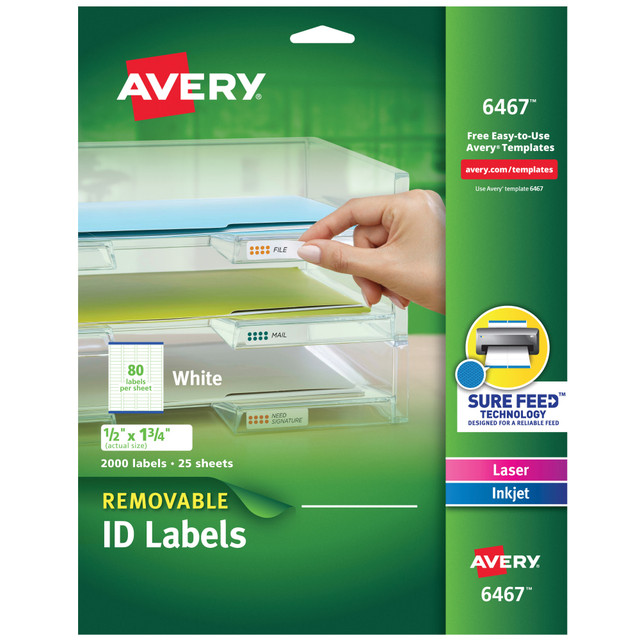 AVERY PRODUCTS CORPORATION 06467 Avery Removable ID Labels With Sure Feed Technology, 6467, Rectangle, 1/2in x 1-3/4in, White, Pack Of 2,000