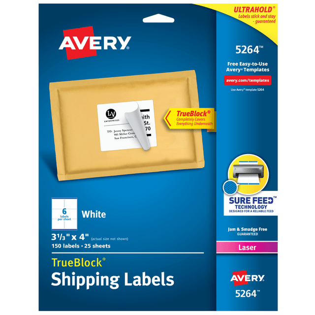 AVERY PRODUCTS CORPORATION 05264 Avery TrueBlock Shipping Labels With Sure Feed Technology, 5264, Rectangle, 3 1/3in x 4in, White, Pack Of 150