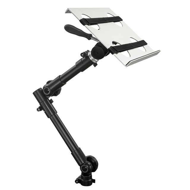 Using a laptop in the car will be easy using the Mount-It MI-7410 Car Laptop Mount. This mount will keep laptops steady while you are on the go and prevent them from tipping or shifting with the motion of the vehicle. With quick-release fastening knobs and clamps, your laptop will be stationary, but you can still rotate it 360 deg. to find the optimal viewing angle.  Fits 12 to 15.4 inch laptops, notebooks, etc.  Quick release fastening knobs and clamps  Rotate 360 degrees from stand and head mount  Telescopic poles Height Range: 23 to 35 inches  Height adjustable and full motion aluminum stand with Velcro straps to keep your laptop securely in place  Vented laptop tray to prevent overheating  Great for trucks, vans, SUVs, sedans, buses, police vehicles and more!