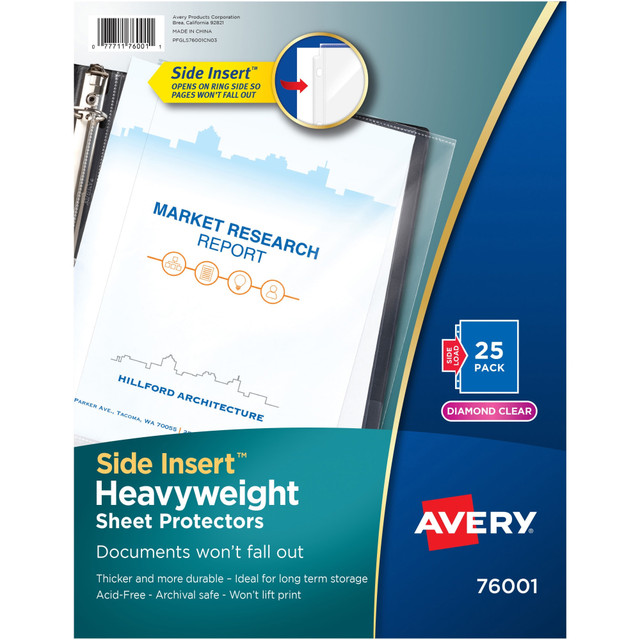 AVERY PRODUCTS CORPORATION Avery 76001  Side Insert Sheet Protectors - For Letter 8 1/2in x 11in Sheet - Clear - Polypropylene - 25 / Pack