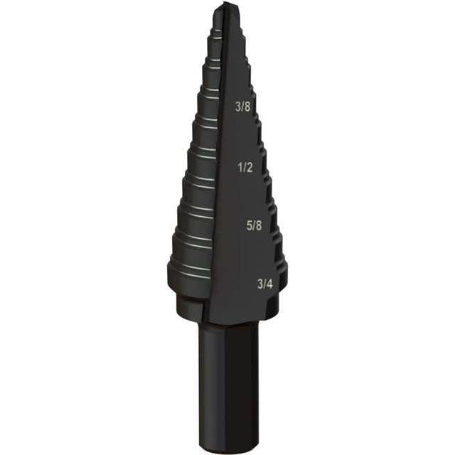 Greenlee GSB03 Step Drill Bits: 3/16" to 3/4" Hole Dia, 3/8" Shank Dia, Steel, 10 Hole Sizes