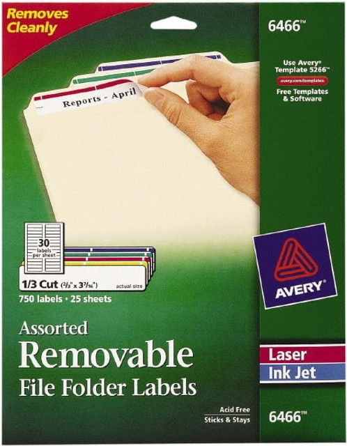 AVERY 06466 Label Maker Label: Assorted Color, Paper, 3-7/16" OAL, 21/32" OAW, 750 per Roll