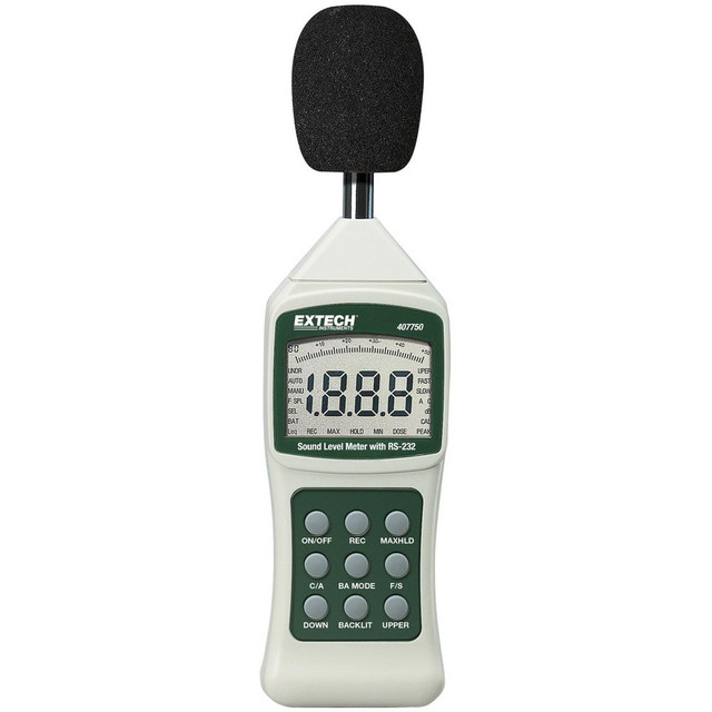 Extech 407750-NIST Sound Meters; Meter Type: Sound Level Meter ; Maximum Decibel Rating: 130dB ; Minimum Decibel Rating: 30 ; Frequency Weighting: A & C ; Display Type: LCD ; Accuracy: 11.5 dB