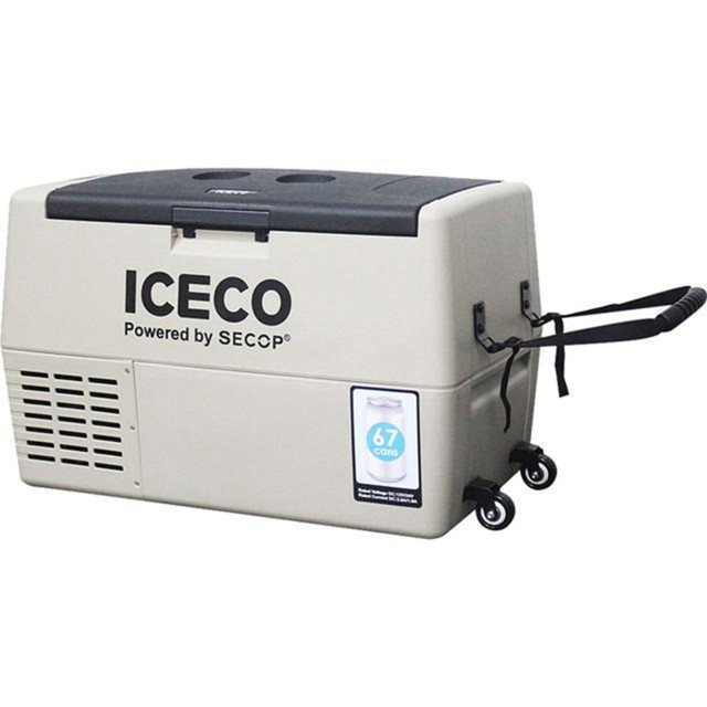 Bring the ICECO 1.6 Cu Ft Portable Refrigerator And Freezer along on your next trip to keep food and drinks cold. The unit features an LED light to help you see inside and can be powered through AC of DC connections for versatile use.  Heavy-duty design with reinforced corners for strength.  LED interior light helps you see inside in the dark.  Freezer cools down to -0.4 deg.F.  Removable wired baskets to store items.  AC or DC power for low consumption.  3-stage (low, mid and high) battery protection system shuts the unit offer to protect your vehicles battery from dying.  Portable design offers scroll wheels for easy rolling.  Backed by the manufacturers 1-year limited warranty.  1.6 cu ft of space.