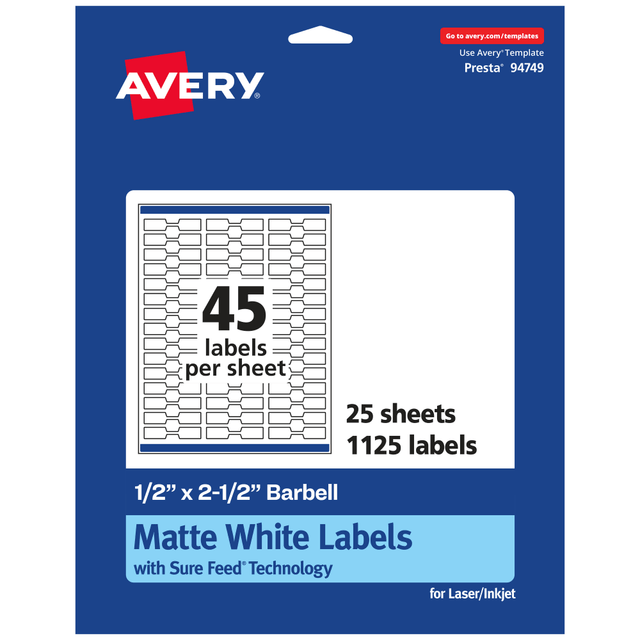 AVERY PRODUCTS CORPORATION 94749-WMP25 Avery Permanent Labels With Sure Feed, 94749-WMP25, Barbell, 1/2in x 2-1/2in, White, Pack Of 1,125 AVERY PRODUCTS CORPORATION 94749-WMP25 Avery Permanent Labels With Sure Feed, 94749-WMP25, Barbell, 1/2in x 2-1/2in, White, Pack Of 1,125