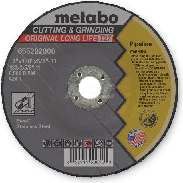 Metabo 655282000 Depressed Grinding Wheel:  Type 27,  7" Dia,  1/8" Thick,  Aluminum Oxide