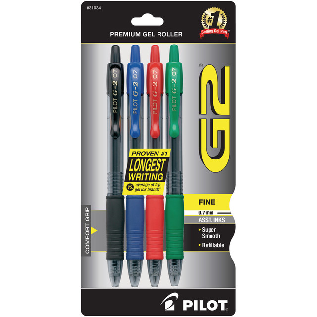 PILOT CORPORATION OF AMERICA 31034 Pilot G2 Retractable Gel Pens, Fine Point, 0.7 mm, Assorted Barrels, Assorted Ink Colors, Pack Of 4