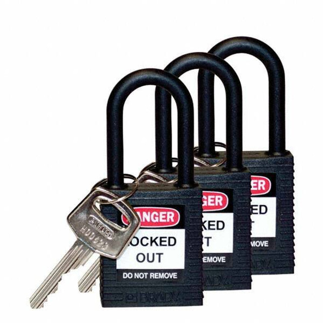 Brady 123338 Lockout Padlock: Keyed Alike, Key Retaining, Nylon, Nylon Shackle, Black