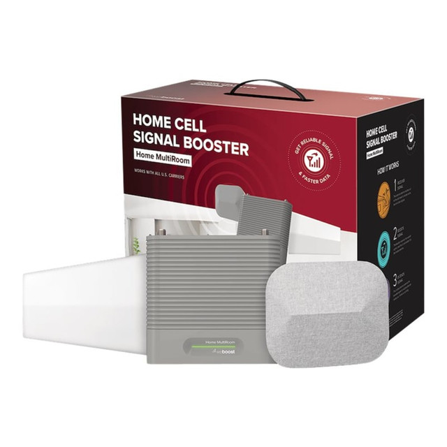 Improve your cell signal with the weBoost Home Multi-Room Cell Signal Booster Kit. Increase coverage up to 5,000 sq. ft. in your business.  Multi-user cell range booster for use with up to 3 large rooms.  Up to 21 dBm in uplink-output power and up to 12 dBm in downlink-output power allows users to get signal up to 40% farther from towers and enjoy up to 80% more coverage area.  Simultaneously boosts existing cell signal for multiple users in specific area of residence up to 5,000 sq. ft.  Fabric-covered inside panel antenna features 2 custom wall-mount brackets with 3M Command Strips and flat window cable.  Compatible with all cellular devices on all US carrier networks.  Includes 65 dB mobile range booster, outside antenna with mounting bracket, panel antenna with fabric and mounting bracket, 4.2-volt DC larger plug with 6ft cable, 30ft RG6 cable, 2 YX030-15W with F-female to F-female barrel connector, window entry cable, 3M Command strips, VELCRO management straps, range booster cable clips and installation guide.  Backed by the manufacturers 2-year limited warranty.