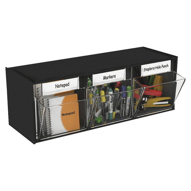 DEFLECT-O CORPORATION 20304OP Deflecto Interlocking Horizontal Tilt Bin, 3 Bins, Small Size, 4 1/2in x 23 5/8in x 4 1/2in, Black/Clear DEFLECT-O CORPORATION 20304OP Deflecto Interlocking Horizontal Tilt Bin, 3 Bins, Small Size, 4 1/2in x 23 5/8in x 4 1/2in, Black/Clear