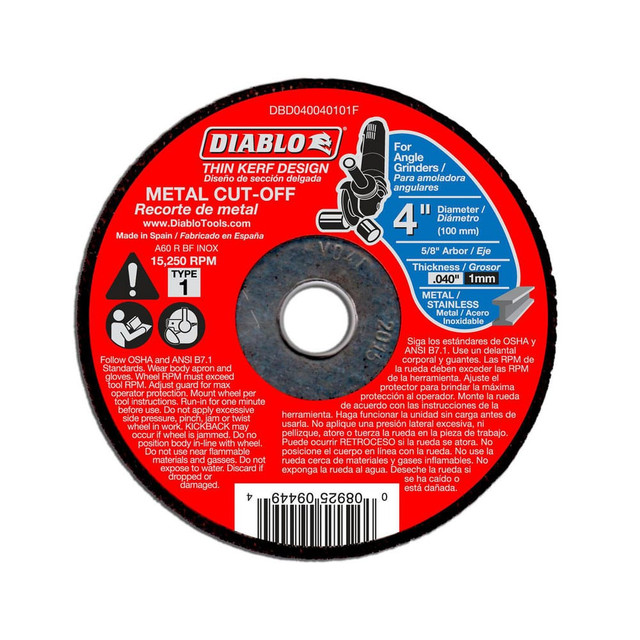 DIABLO DBD040040125F Cut-Off Wheel:  Type 1 (01/41),  4" Dia,  Aluminum Oxide