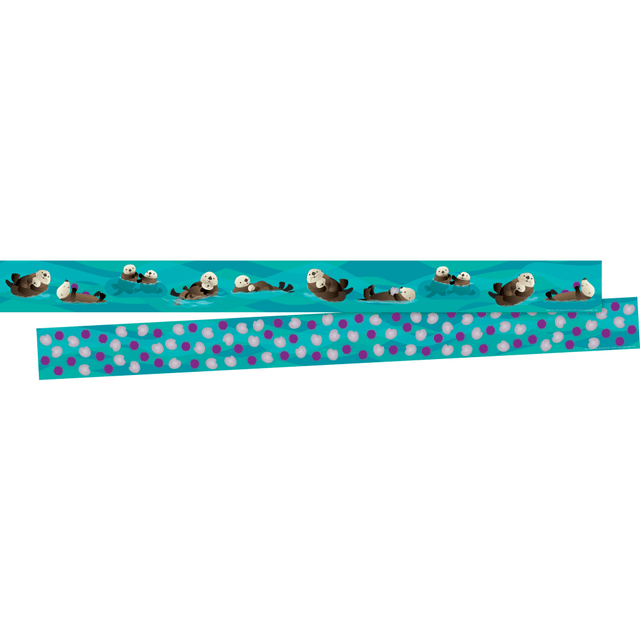 Great for classrooms, break rooms, reception areas, hallways, and more!  Set includes 24 strips that measure 3in x 35in for a total of 70ft of border!  This beautiful trim is double-sided to allow different looks for different days.  Two packages in set.  Each package includes 12 strips that measure 3in wide by 35in long  Helps you frame doors and windows or surround bulletin boards to add a decorative touch.  Border is printed on both sides  Printed on durable 10pt card stock