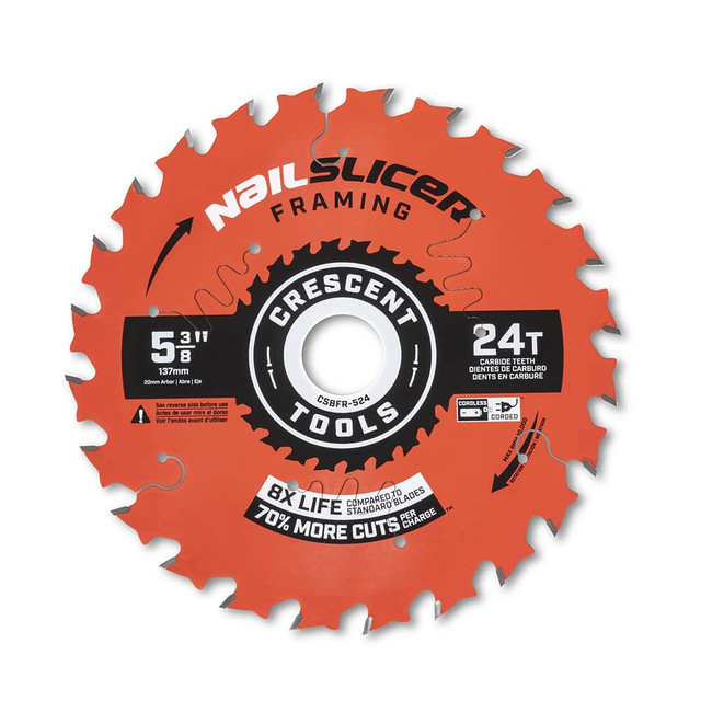 Crescent CSBFR-524 Wet & Dry Cut Saw Blade: 5-3/8" Dia, 3/4" Arbor Hole, 0.063" Kerf Width, 24 Teeth