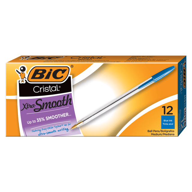 BIC CORP MS11-BLU BIC Cristal Ballpoint Pens, Medium Point, 1.0 mm, Clear Barrel, Blue Ink, Pack Of 12