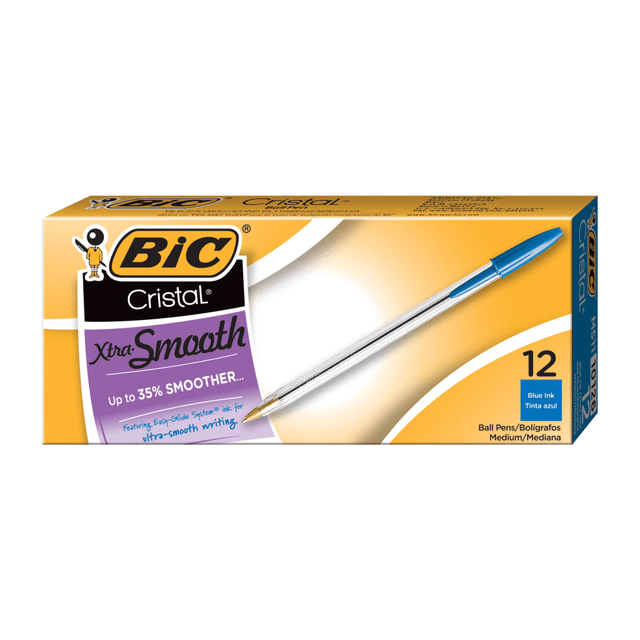 BIC CORP BIC MS11-BLU  Cristal Ballpoint Pens, Medium Point, 1.0 mm, Clear Barrel, Blue Ink, Pack Of 12