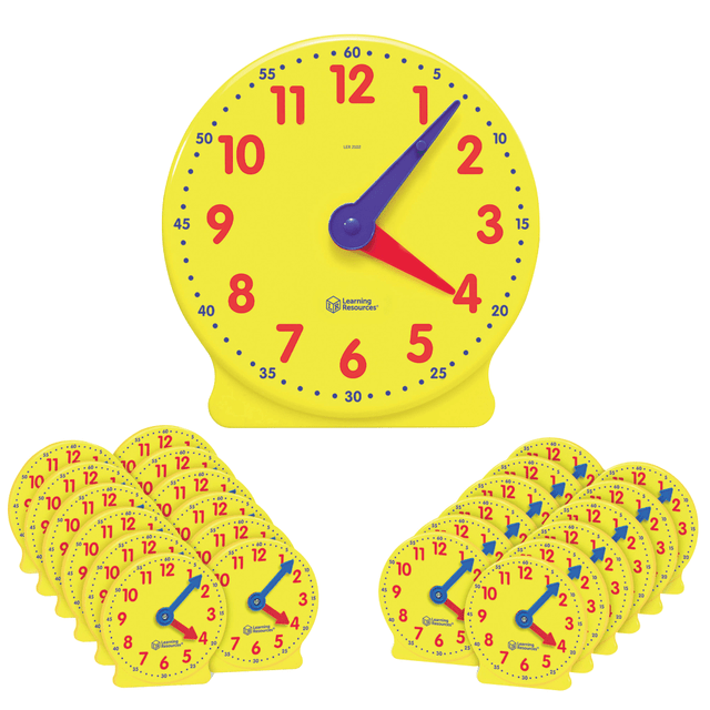 Enhance the learning experience of your 5 to 9 year olds with this Learning Resources Big Time classroom clock kit. The brilliant yellow palette engages kids, while the removable stands support the clocks during lessons. Color-coded, different-sized minute and hour hands help your students easily differentiate between hours and minutes. With the included activity guide, this classroom kit lets you optimize your lesson plans, and sturdy construction delivers lasting school-friendly time pieces. In addition to the large demonstration clock, this Learning Resources Big Time classroom clock kit includes 24 mini pieces, providing an adequate supply for hands-on training.  Set includes 1 large demonstration clock and 24 mini clocksFor teaching kids how to tell timeSturdy plastic construction offers lasting qualityColor-coded minute and hour hands help students track timeThe 13 1/4inH big clock complements the 4inH smaller pieces