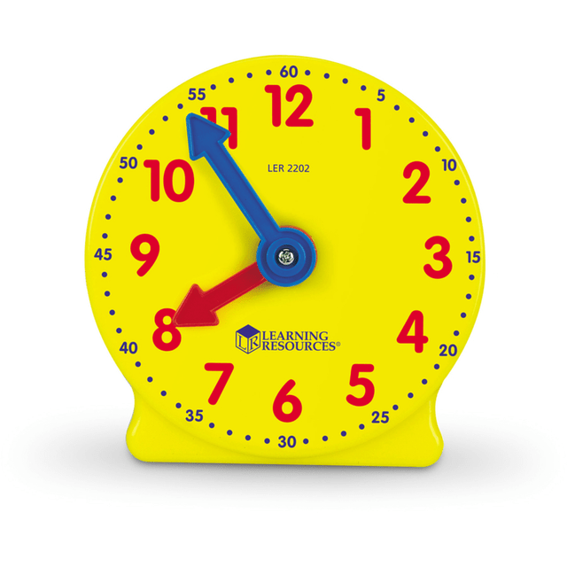 Helps students learn to tell time  Set of 6 supplemental clocks. Use with the Learning Resources Classroom Kit (sold separately).  4in geared clocks with built in stands. Designed with color-coded hour and minute functions to provide a clear visual of the time.  Includes a teaching guide.