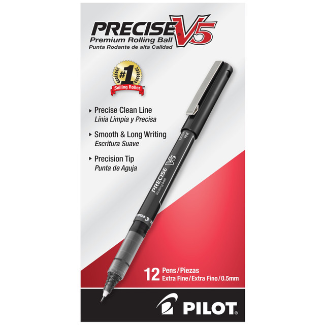 Make crisp, clean strokes, even across small or cramped writing surfaces, with these Pilot Precise V5 pens. These Pilot liquid-ink pens have an advanced ink system that delivers smooth lines for optimal control.  Patented precise needle-point technology lets you write in the smallest of spaces.  Innovative liquid-ink formula maintains consistent flowing strokes as you write. The advanced ink-feed system of the Pilot pens also helps deliver smooth, skip-free writing.  Long-lasting visible ink supply. See-through barrel window lets you know how much ink is left.  Contoured grip for comfort. Barrel conveniently tapers toward the base so your fingers enjoy a more natural hold.  Nonrefillable.  A black Pilot pen is a desktop essential.  These extra-fine point tipped with black barrels pens are great for note taking.