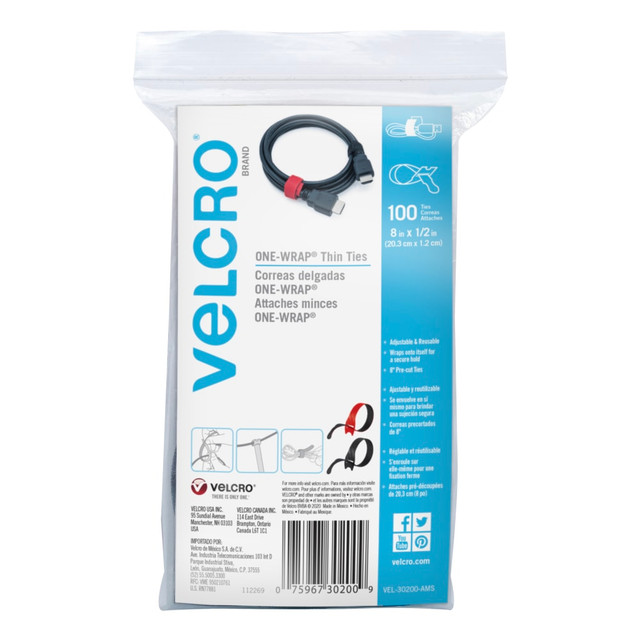 VELCRO USA INC VEL-30200-AMS VELCRO Brand ONE-WRAP Thin Ties, 8in x 1/2in, Assorted Colors, Pack Of 100 Ties VELCRO USA INC VEL-30200-AMS VELCRO Brand ONE-WRAP Thin Ties, 8in x 1/2in, Assorted Colors, Pack Of 100 Ties