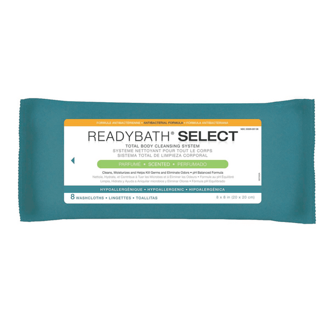 MEDLINE INDUSTRIES, INC. MSC095104 Medline ReadyBath SELECT Medium-Weight Cleansing Washcloths, Antibacterial, Scented, 8in x 8in, White, 8 Washcloths Per Pack, Case Of 30 packs MEDLINE INDUSTRIES, INC. MSC095104 Medline ReadyBath SELECT Medium-Weight Cleansing Washcloths, Antibacterial, Scented, 8in x 8in, White, 8 Washcloths Per Pack, Case Of 30 packs