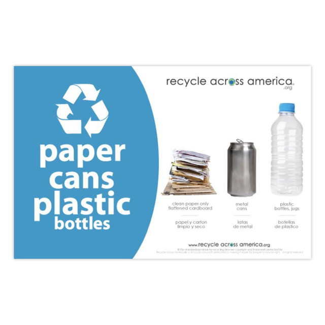 PACKAGING DYNAMICS PCP-5585 Recycle Across America Paper, Cans And Plastic Standardized Recycling Label, PCP-5585, 5 1/2in x 8 1/2in, Light Blue