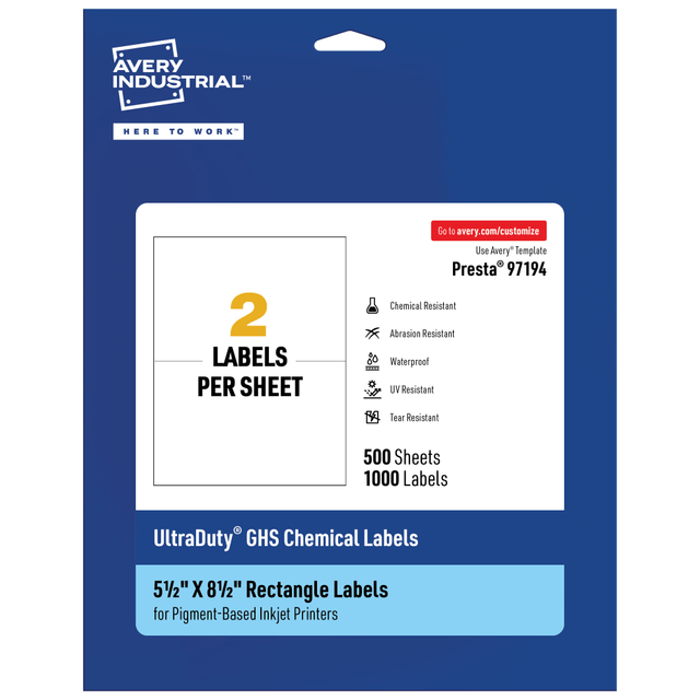 AVERY PRODUCTS CORPORATION 97194-WMUI500 Avery Ultra Duty Permanent GHS Chemical Labels, 97194-WMUI500, Rectangle, 5-1/2in x 8-1/2in, White, Pack Of 1,000 AVERY PRODUCTS CORPORATION 97194-WMUI500 Avery Ultra Duty Permanent GHS Chemical Labels, 97194-WMUI500, Rectangle, 5-1/2in x 8-1/2in, White, Pack Of 1,000