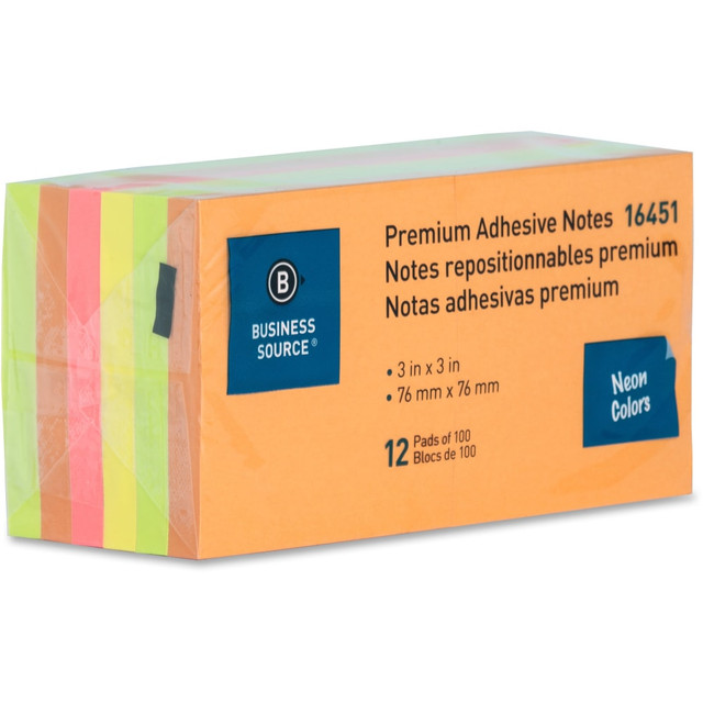SP RICHARDS 16451 Business Source Repositionable Neon Notes - 3in Flag/Note Width x 3in Flag/Note Length - Square - Neon - Removable, Repositionable, Solvent-free Adhesive - 12 / Pack SP RICHARDS 16451 Business Source Repositionable Neon Notes - 3in Flag/Note Width x 3in Flag/Note Length - Square - Neon - Removable, Repositionable, Solvent-free Adhesive - 12 / Pack