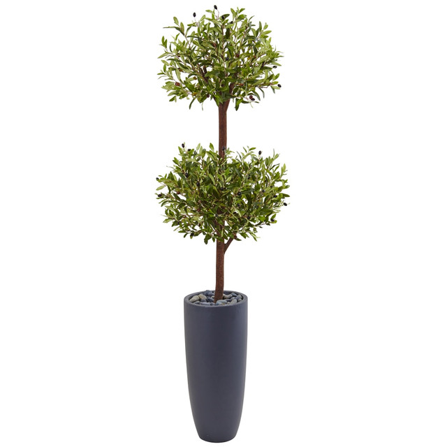 NEARLY NATURAL INC. 5859 Nearly Natural 6ftH Polyester Olive Double Tree With Cylinder Planter, Green/Gray