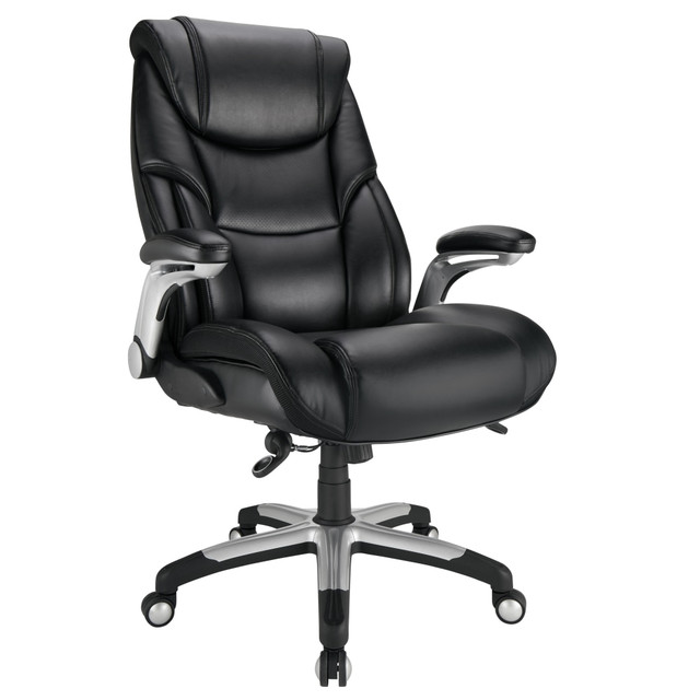 Work comfortably in this Realspace Torval Big and Tall bonded leather high-back sporty chair. The bonded leather exterior adds a touch of sophistication to your office setup, while the high-back design and waterfall seat cushion make this chair a plush, relaxing spot for conducting business. Made with a nylon and steel frame, this Realspace Torval  chair offers reliable support for almost anyone.  A high-back design offers plush, comfortable seating.  Adjustable headrest moves up or down for head and neck support.  Padded armrest extends for adaptable comfort.  Weight capacity tested to support up to 400 lbs.  Backed by the manufacturers 5-year limited warranty.  ANSI/BIFMA Compliant - This product has been tested and verified for compliance with rigorous performance requirements and safety standards related to specific furniture products.