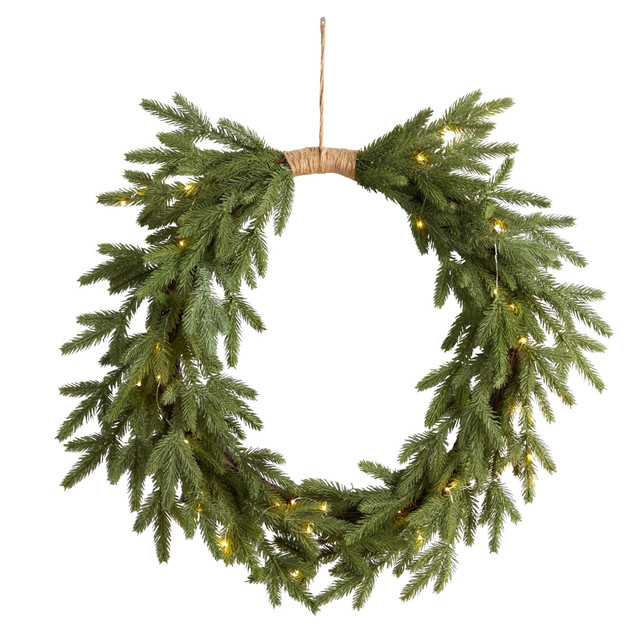 NEARLY NATURAL INC. W1317 Nearly Natural Holiday Christmas 24inH Pine Pre-Lit Cascading Wreath, 24in x 5in, Green