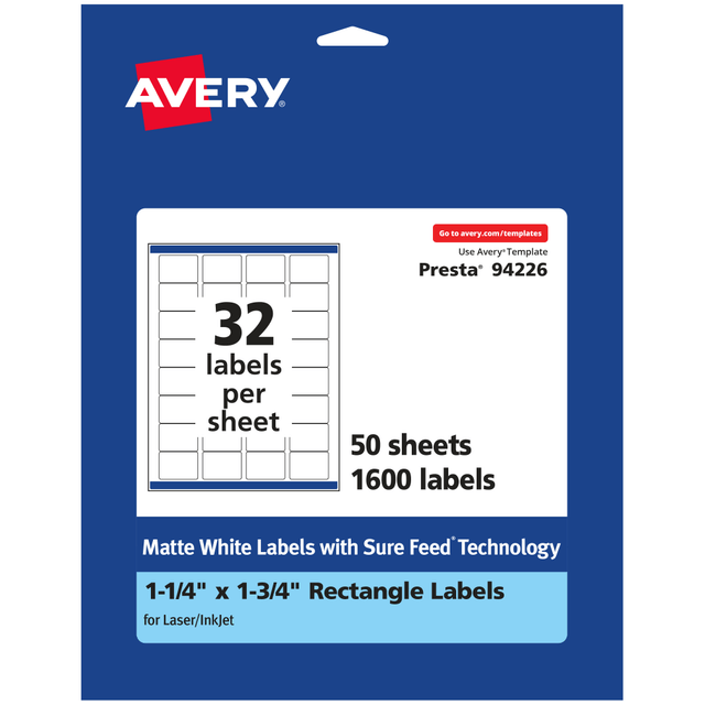 AVERY PRODUCTS CORPORATION 94226-WMP50 Avery Permanent Labels With Sure Feed, 94226-WMP50, Rectangle, 1-1/4in x 1-3/4in, White, Pack Of 1,600 AVERY PRODUCTS CORPORATION 94226-WMP50 Avery Permanent Labels With Sure Feed, 94226-WMP50, Rectangle, 1-1/4in x 1-3/4in, White, Pack Of 1,600