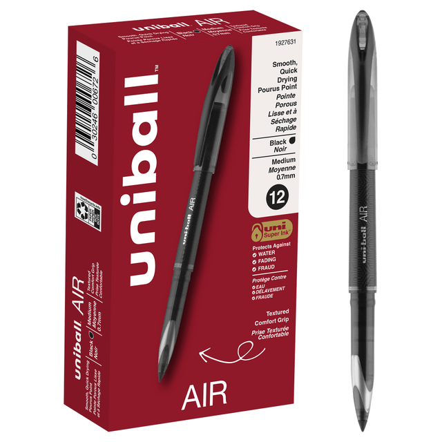 MITSUBISHI PENCIL CO.UK LTD 1927631 uni-ball AIR Rollerball Pen, Medium Point, 0.7 mm, Black Barrel, Black Ink, Pack Of 12 MITSUBISHI PENCIL CO.UK LTD 1927631 uni-ball AIR Rollerball Pen, Medium Point, 0.7 mm, Black Barrel, Black Ink, Pack Of 12