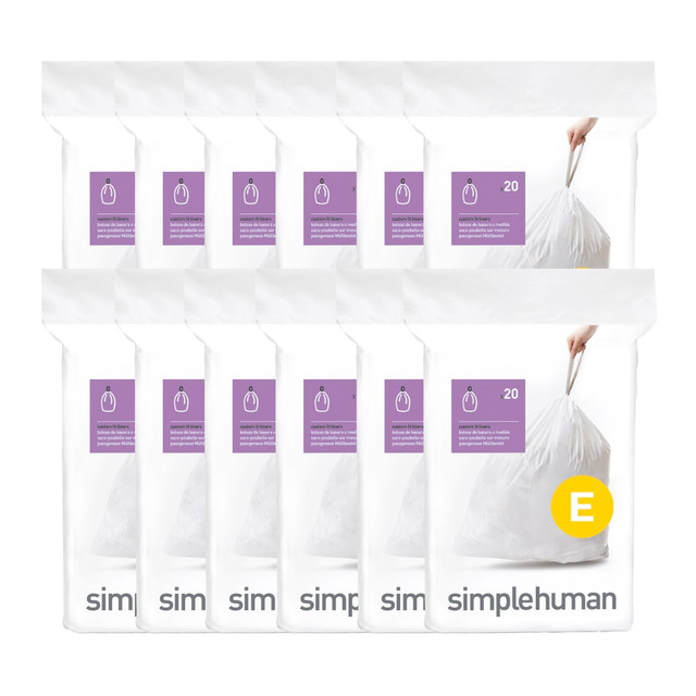 SIMPLEHUMAN LLC CW0255 simplehuman Custom-Fit Trash Can Liners, Code E, 0.025-mil, 5.28 Gallons, 20in x 18 3/4in, White, Pack Of 240 Liners