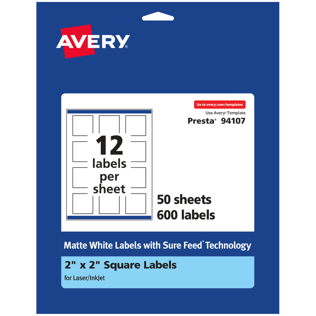 AVERY PRODUCTS CORPORATION 94107-WMP50 Avery Permanent Labels With Sure Feed, 94107-WMP50, Square, 2in x 2in, White, Pack Of 600 AVERY PRODUCTS CORPORATION 94107-WMP50 Avery Permanent Labels With Sure Feed, 94107-WMP50, Square, 2in x 2in, White, Pack Of 600