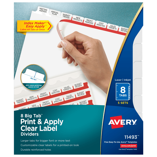 AVERY PRODUCTS CORPORATION 11493 Avery Big Tab Print & Apply Clear Label Dividers with Index Maker Easy Apply Printable Label Strip, 8-Tab, White, Pack of 5 Sets AVERY PRODUCTS CORPORATION 11493 Avery Big Tab Print & Apply Clear Label Dividers with Index Maker Easy Apply Printable Label Strip, 8-Tab, White, Pack of 5 Sets