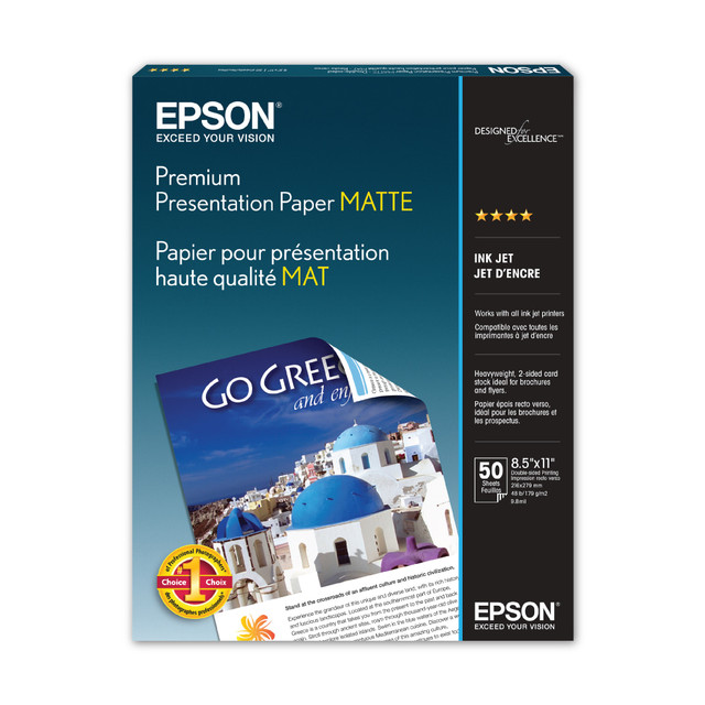 EPSON AMERICA INC. Epson S041257  Premium Presentation Paper, White, Letter (8.5in x 11in), 50 Sheets Per Pack, 44 Lb, 97 Brightness