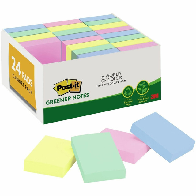 3M CO Post-it 65324RPVAD  Greener Notes Value Pack - Beachside Cafe Color Collection - 1 1/2in x 2in - Rectangle - Positively Pink, Canary Yellow, Fresh Mint, Moonstone - Paper - Self-stick, Removable, Recyclable, Residue-free, Eco-friendly - 24 / Pa