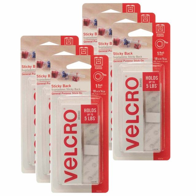 VELCRO Brand VEC90079-6 Sticky Back Tape, 3/4in x 18in, White, Pack Of 6 VELCRO Brand VEC90079-6 Sticky Back Tape, 3/4in x 18in, White, Pack Of 6